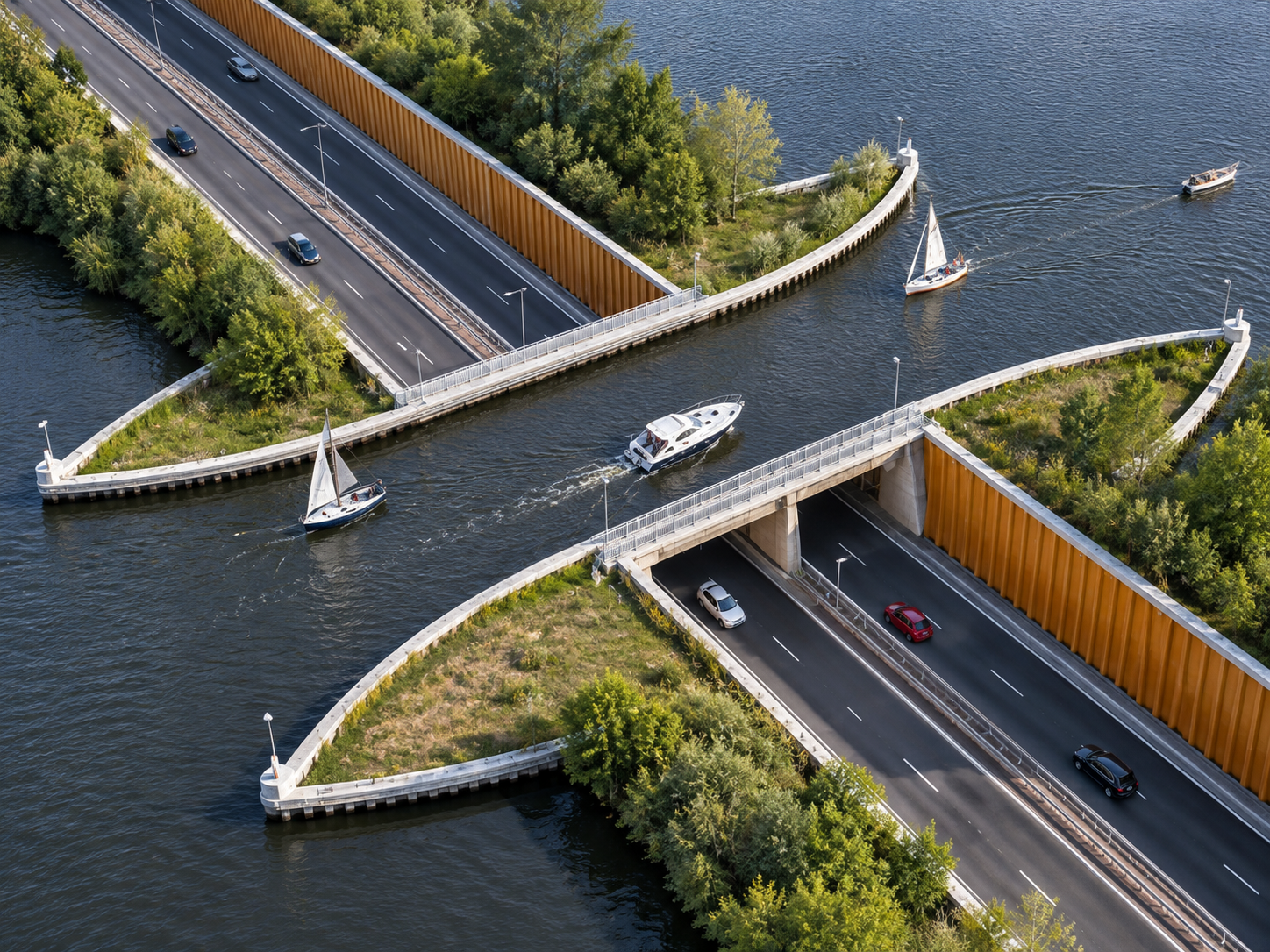El puente de agua de Países Bajos donde los barcos pasan sobre los autos